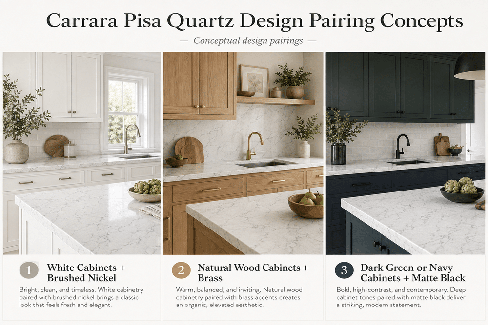 Cabinet and hardware colors that pair with Carrara Pisa quartz
